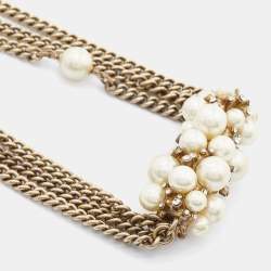 Pre Owned Chanel Faux Pearl & Crystal Pendant & Layered Gold Tone Chain Necklace