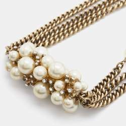 Pre Owned Chanel Faux Pearl & Crystal Pendant & Layered Gold Tone Chain Necklace