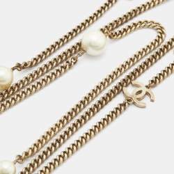 Pre Owned Chanel Faux Pearl & Crystal Pendant & Layered Gold Tone Chain Necklace