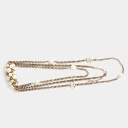 Pre Owned Chanel Faux Pearl & Crystal Pendant & Layered Gold Tone Chain Necklace