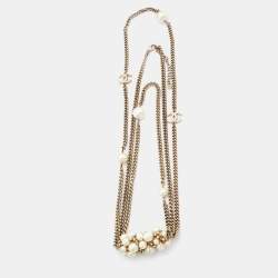 Pre Owned Chanel Faux Pearl & Crystal Pendant & Layered Gold Tone Chain Necklace