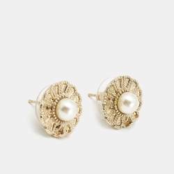 Chanel CC Faux Pearl Gold Tone Earrings