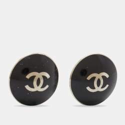 Pre Owned Chanel Black & Silver Tone CC Button Earrings