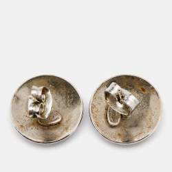 Pre Owned Chanel Black & Silver Tone CC Button Earrings
