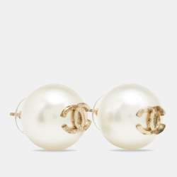 Pre Owned Chanel Gold Tone Large Faux pearl CC Stud Earrings