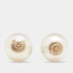 Pre Owned Chanel Gold Tone Large Faux pearl CC Stud Earrings