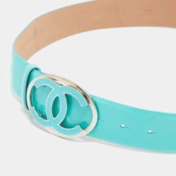 Pre Owned Chanel Aqua Blue Patent Leather CC Logo Buckle Wide Belt 85 CM