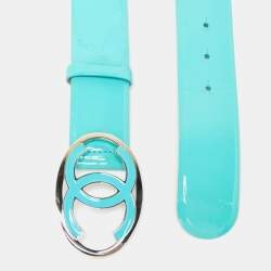 Pre Owned Chanel Aqua Blue Patent Leather CC Logo Buckle Wide Belt 85 CM