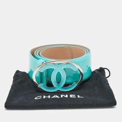 Pre Owned Chanel Aqua Blue Patent Leather CC Logo Buckle Wide Belt 85 CM