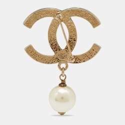 Pre Owned Chanel Gold Tone CC Faux Pearl Drop Brooch 