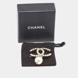 Pre Owned Chanel Gold Tone CC Faux Pearl Drop Brooch 