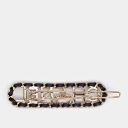 Chanel Gold Tone Logo Leather Detail Hair Clip 
