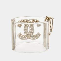 Pre Owned Chanel CC Faux Pearl Acrylic Gold Tone Bracelet 