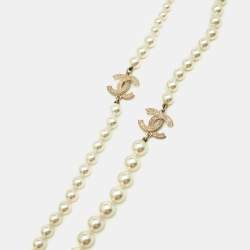 Pre Owned Chanel CC Faux Pearl Crystals Faux Pearl Gold Tone Long Necklace
