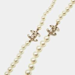 Pre Owned Chanel CC Faux Pearl Crystals Faux Pearl Gold Tone Long Necklace