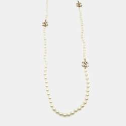Pre Owned Chanel CC Faux Pearl Crystals Faux Pearl Gold Tone Long Necklace
