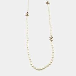 Chanel CC Faux Pearl Crystals Faux Pearl Gold Tone Long Necklace Chanel