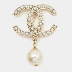 Pre Owned Chanel CC Faux Pearl Gold Tone Metal Brooch