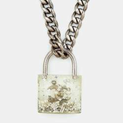 Pre Owned Chanel Clear Plexiglass & Beaded Padlock Gunmetal Chain Necklace