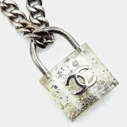 Pre Owned Chanel Clear Plexiglass & Beaded Padlock Gunmetal Chain Necklace