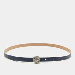 Chanel Blue Leather CC Camellia Buckle Reversible Slim Belt 85CM