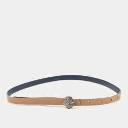 Chanel Blue Leather CC Camellia Buckle Reversible Slim Belt 85CM