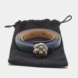 Chanel Blue Leather CC Camellia Buckle Reversible Slim Belt 85CM