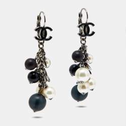 Chanel White Faux Pearl & Black Beads CC Dangle Earrings