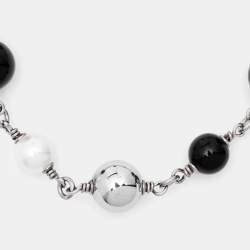 Chanel CC Enamel Faux Pearl Beads Silver Tone Bracelet