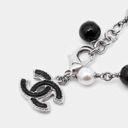 Chanel CC Enamel Faux Pearl Beads Silver Tone Bracelet