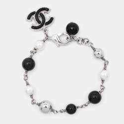 Chanel CC Enamel Faux Pearl Beads Silver Tone Bracelet