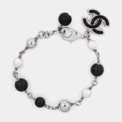 Chanel CC Enamel Faux Pearl Beads Silver Tone Bracelet