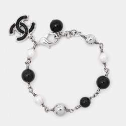 Chanel CC Enamel Faux Pearl Beads Silver Tone Bracelet