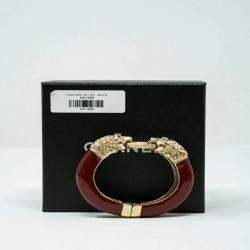Pre Owned Chanel Burgundy Leo Lion Enamel Gold Metal Cuff Bracelet 16