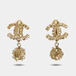 Chanel CC Crystals Gold Tone Clip on Earrings