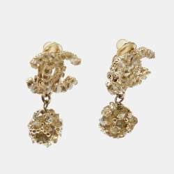Chanel CC Crystals Gold Tone Clip on Earrings