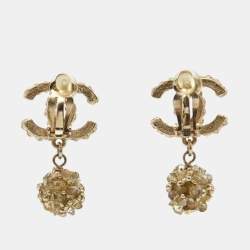 Chanel CC Crystals Gold Tone Clip on Earrings