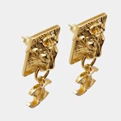 Chanel CC Lion Head Gold Tone Drop Earrings