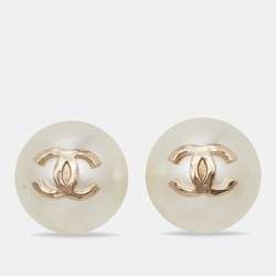 Pre Owned Chanel CC Faux Pearl Gold Tone Stud Earrings