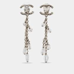 Chanel CC Crystals Silver Tone Drop Earrings