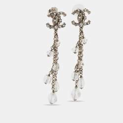 Chanel CC Crystals Silver Tone Drop Earrings