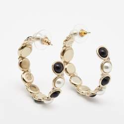 Chanel CC Faux Pearl Obsidian Crystals Gold Tone Hoop Earrings