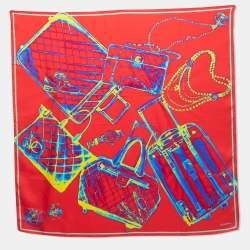 Pre Owned Chanel Red Logo X-Ray Printed Silk Square Scarf