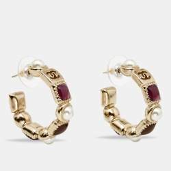 Pre Owned Chanel CC Resin Faux Pearl Gold Tone Hoop Earrings