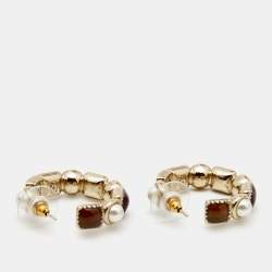 Pre Owned Chanel CC Resin Faux Pearl Gold Tone Hoop Earrings