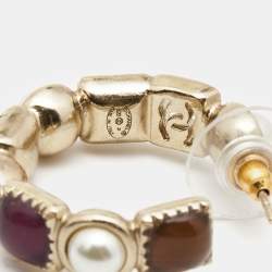 Pre Owned Chanel CC Resin Faux Pearl Gold Tone Hoop Earrings