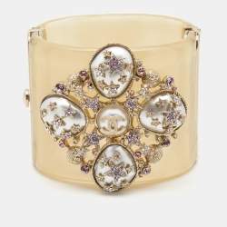 Chanel CC Faux Pearl Crystals Resin Gold Tone Cuff Bracelet