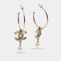Pre Owned Chanel CC Crystal Enamel Faux Pearl Silver Tone Earrings