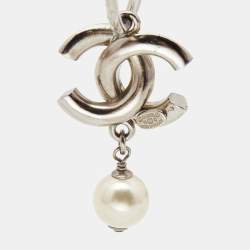 Pre Owned Chanel CC Crystal Enamel Faux Pearl Silver Tone Earrings