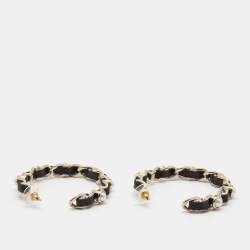 مملوكة مسبقًا Chanel CC Leather Faux Pearl Gold Tone Earrings